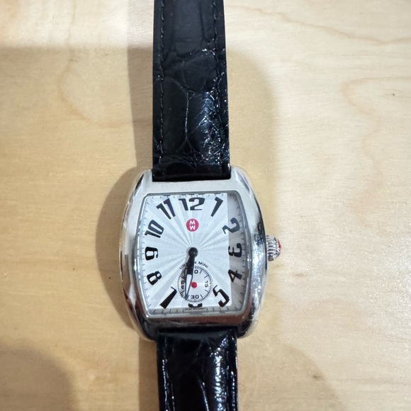 Michele Accessories - Michele Urban Silver-Tone Watch with Black Leather Strap